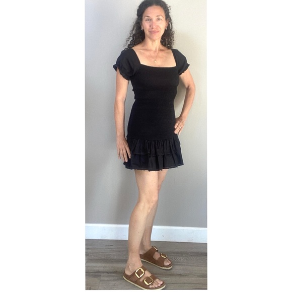 Maia Bergman Ada Smocked Black Puff Sleeve Drop Waist Mini Dress Size Small - Picture 2 of 12